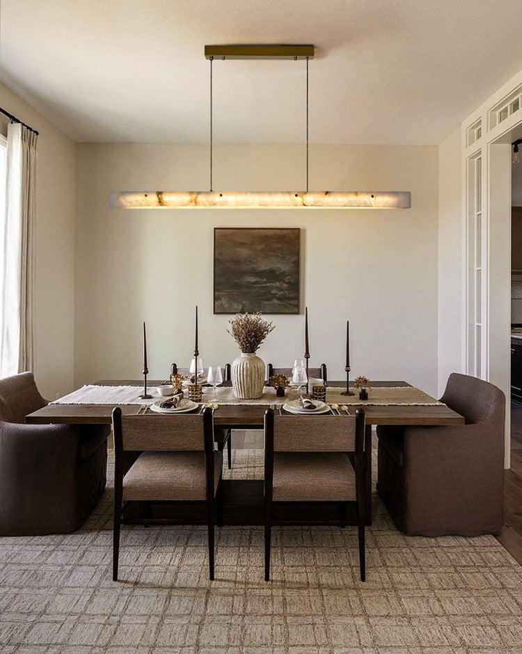 Linear alabaster pendant light for dining nook and kitchen lighting