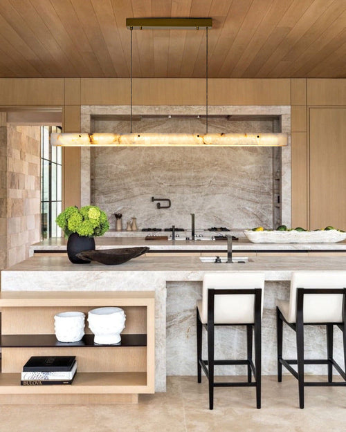 Linear alabaster pendant light for marble kitchen island lighting
