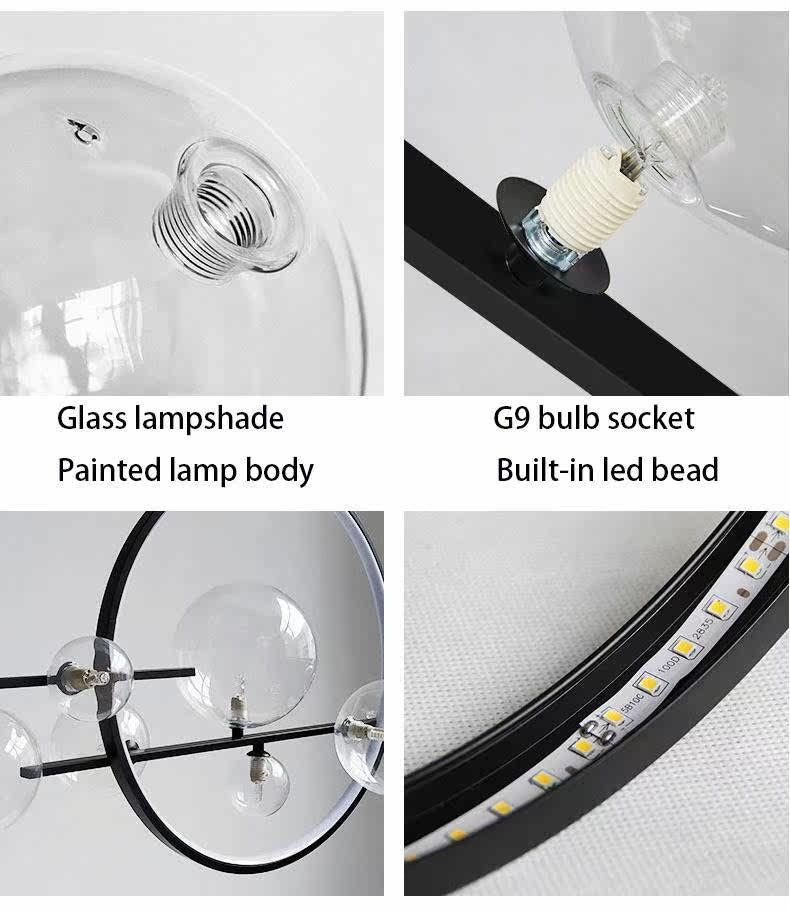 Close-up of glass globe chandelier with black metal frame