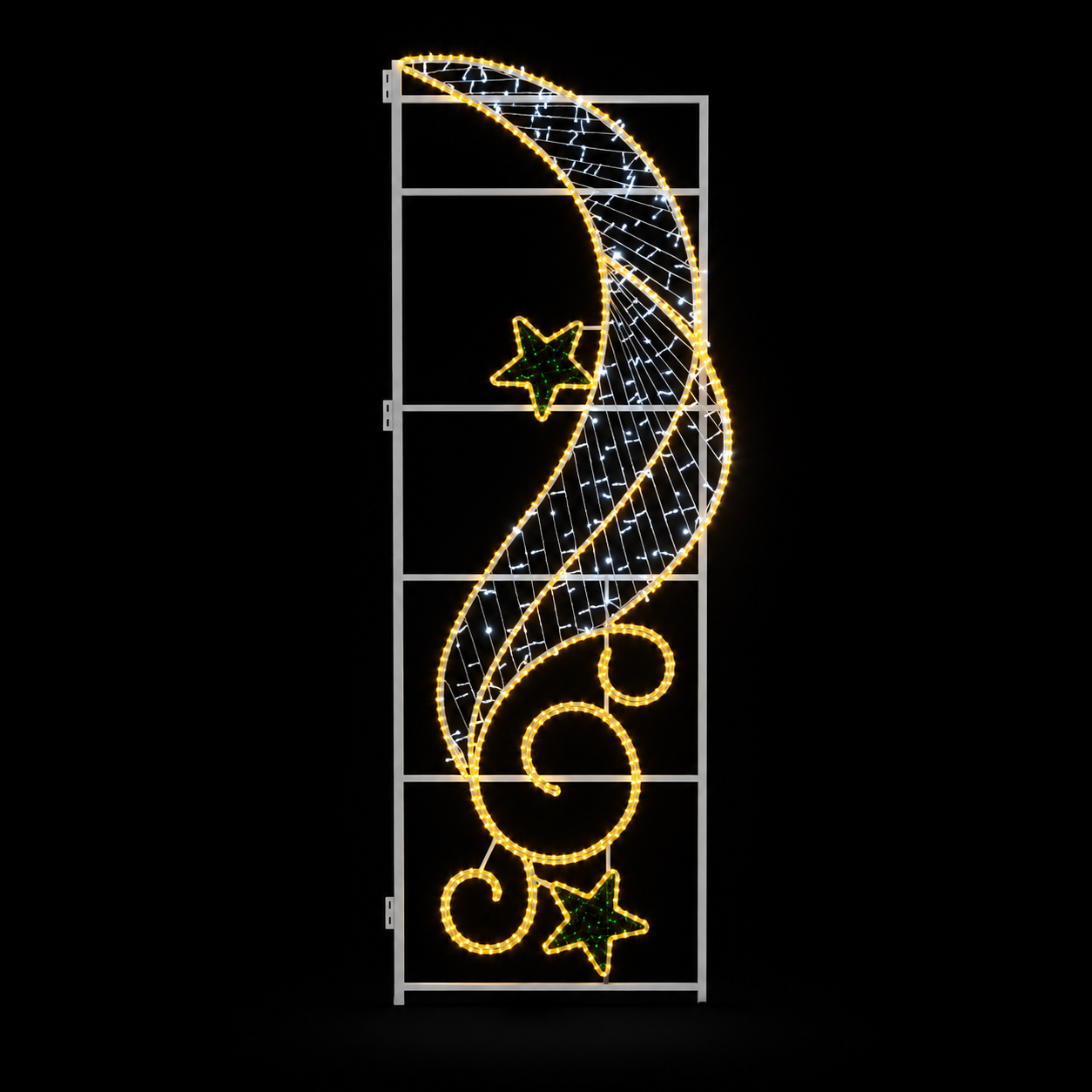 Outdoor gold white star swirl Christmas street pole LED motif light with warm white scroll and green stars