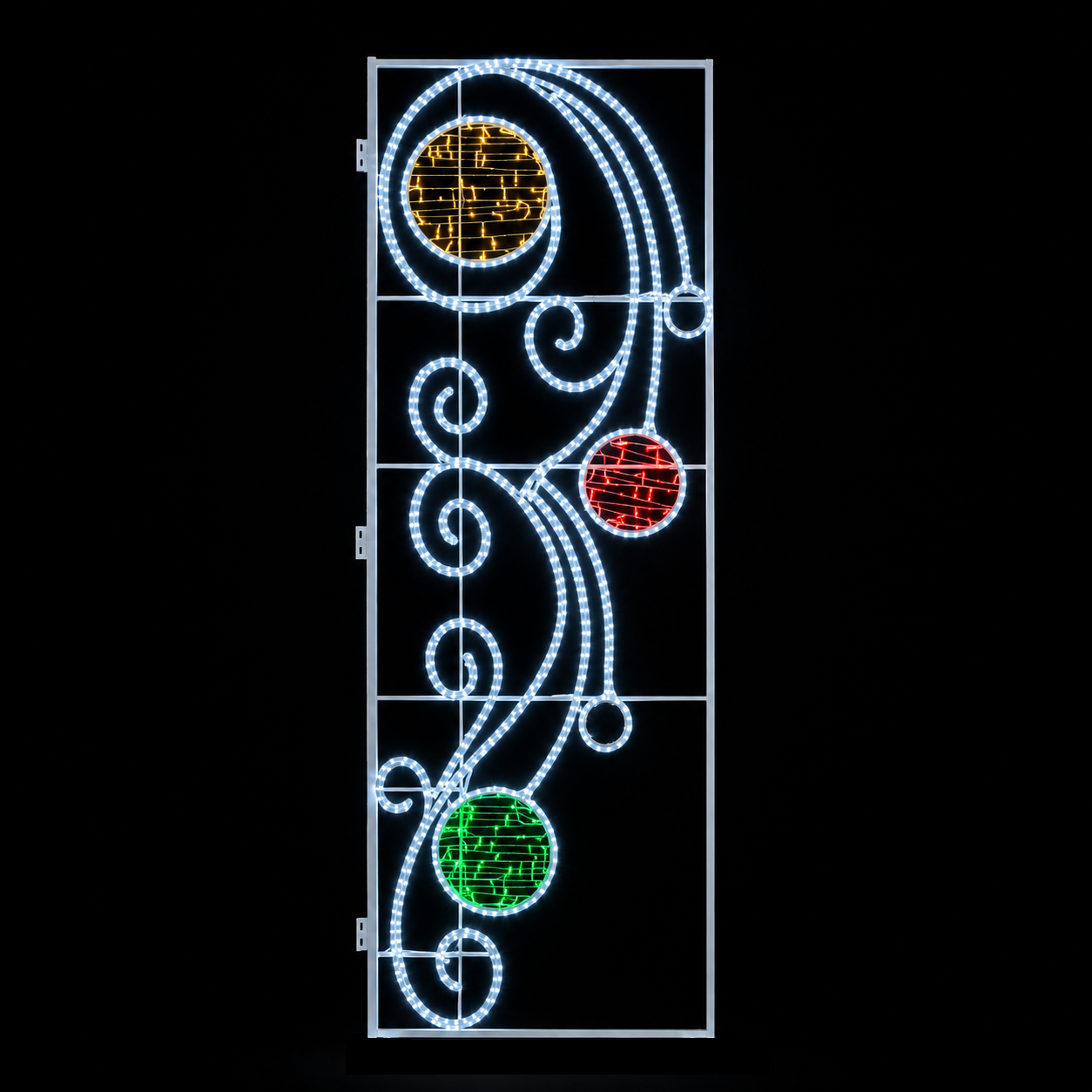 Outdoor ornament swirl Christmas street pole LED motif light with white scroll and colored baubles