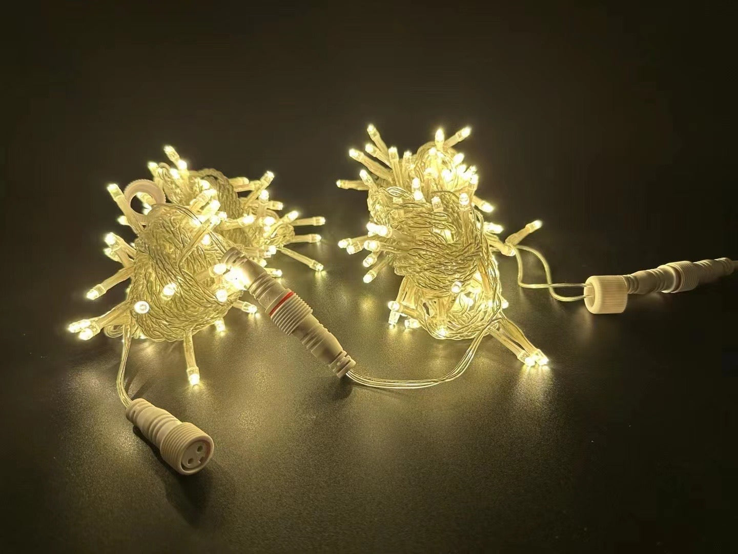 Outdoor PVC LED string lights with warm white LEDs and clear wire connectors