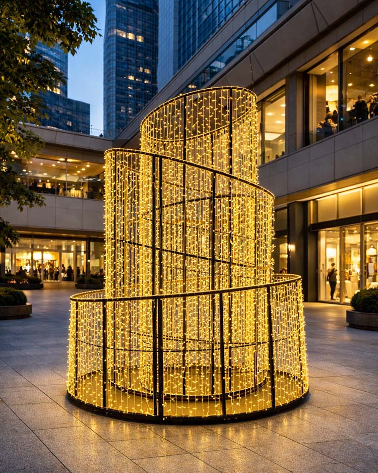 Outdoor spiral curtain light sculpture installed in a commercial plaza, 3m (9.8ft) tall, 2.5m (8.2ft) diameter, warm white 3000K, IP65