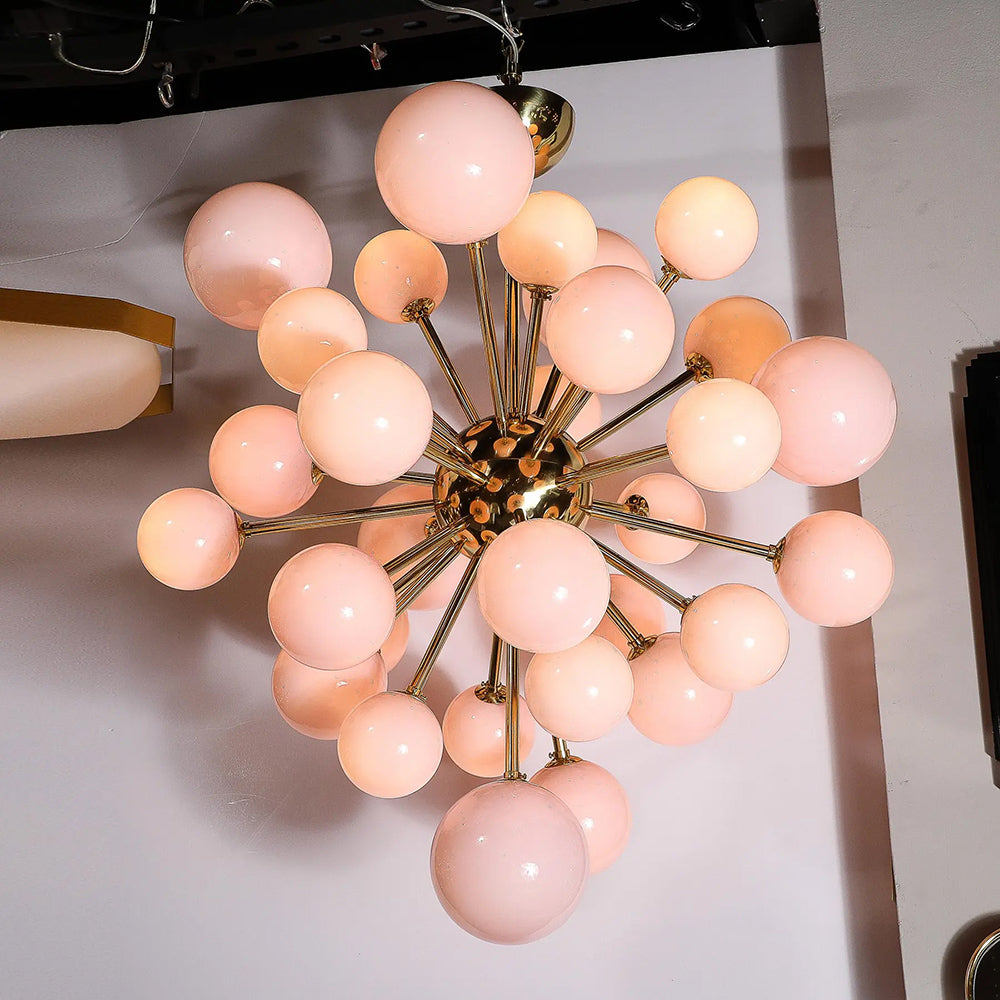 Pink Murano glass Sputnik chandelier with brass frame