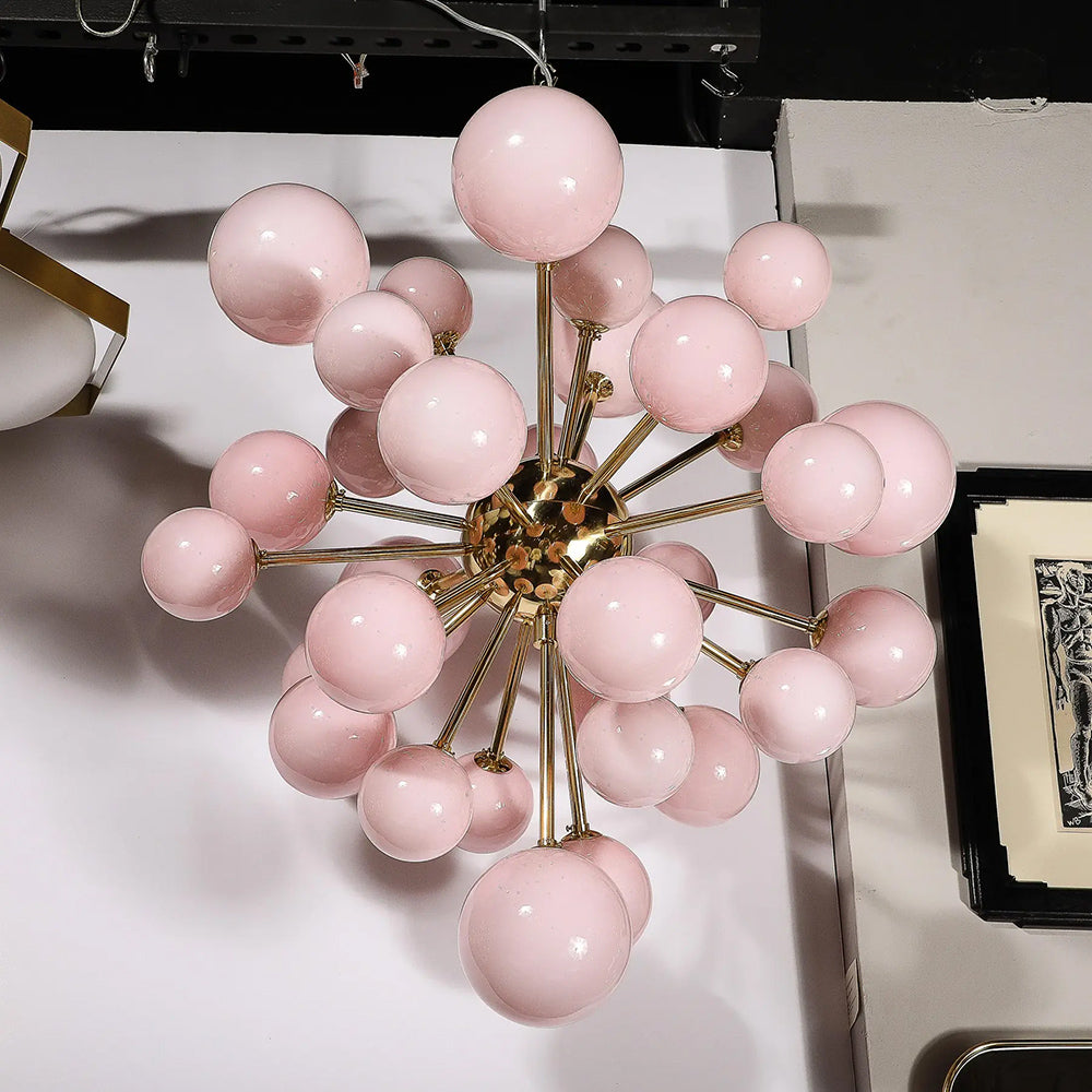 Pink Murano glass Sputnik chandelier with brass frame