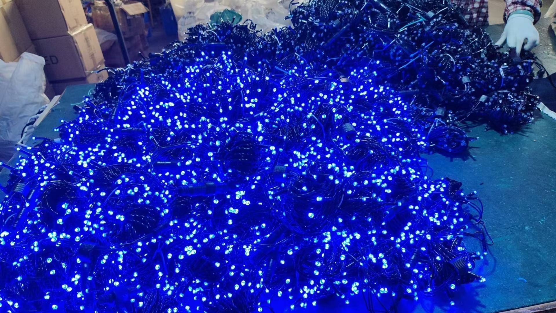 Blue PVC LED string lights with black wire during factory testing
