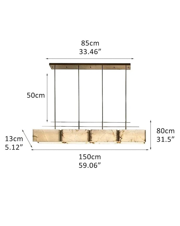 Dimension drawing for 150cm rectangular alabaster brass chandelier