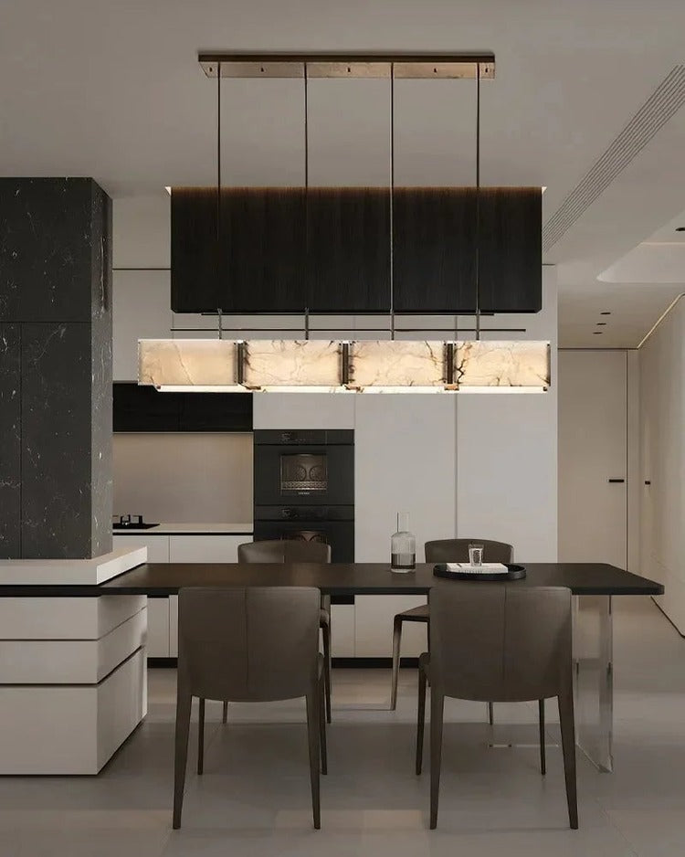 Rectangular alabaster brass chandelier in kitchen dining room