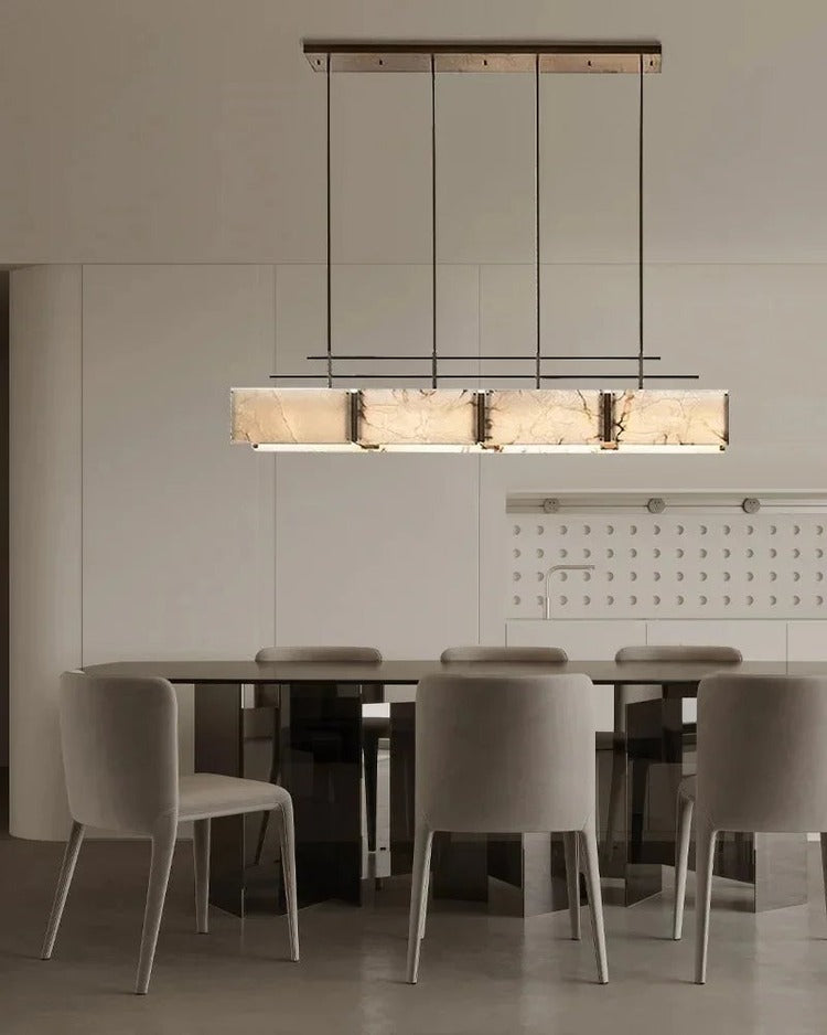 Rectangular alabaster brass chandelier in minimalist dining room