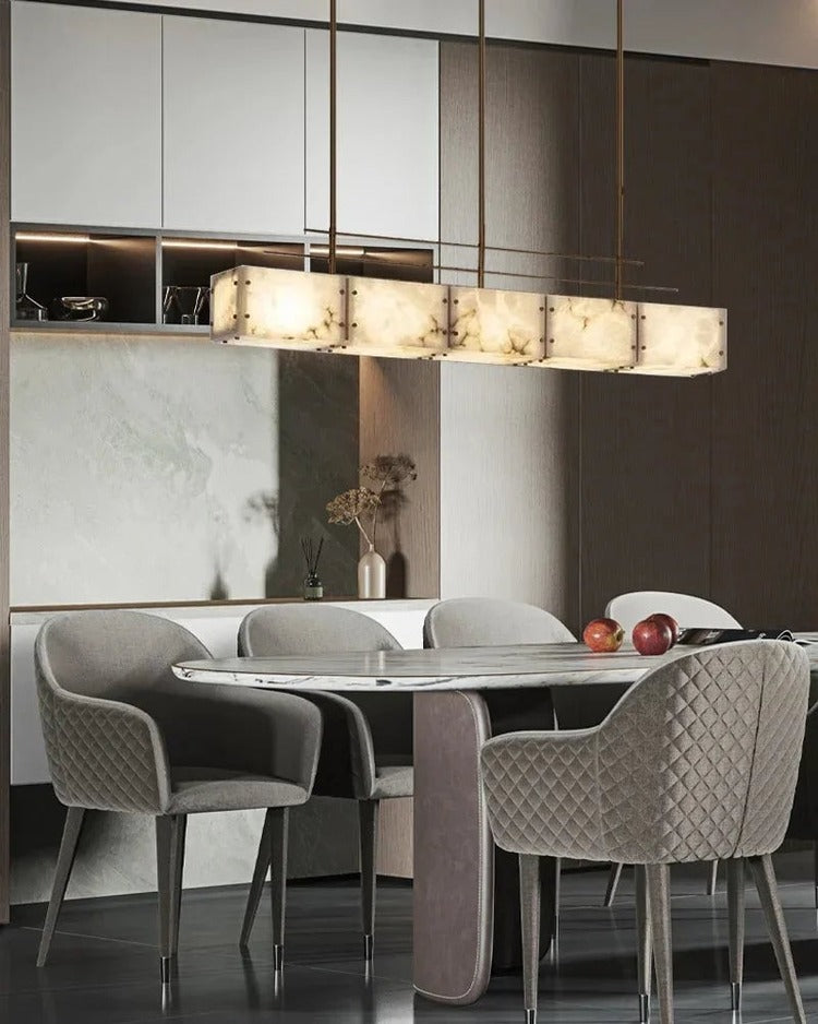 Rectangular alabaster brass chandelier in modern dining room setting