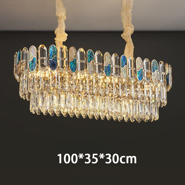 Close view of rectangular blue abalone crystal chandelier size L100 W35 H30 cm