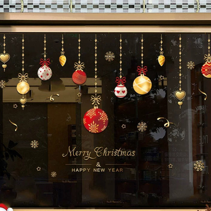 Red and gold hanging Christmas bauble static window cling for large glass windows