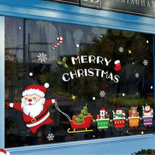 Santa sleigh Christmas static window cling with gifts, snowflakes and Merry Christmas lettering