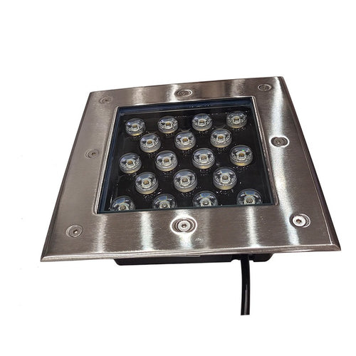 Square stainless steel LED in-ground light close up for outdoor landscape lighting