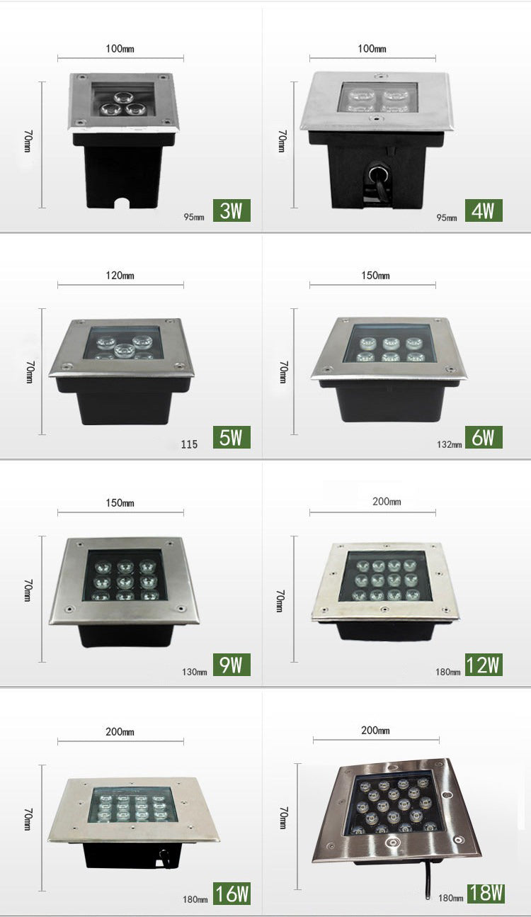 Square LED underground light size and power options 3W 4W 5W 6W 9W 12W 16W 18W