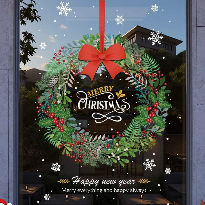 Traditional Christmas wreath static window cling with red bow, pine branches and berries