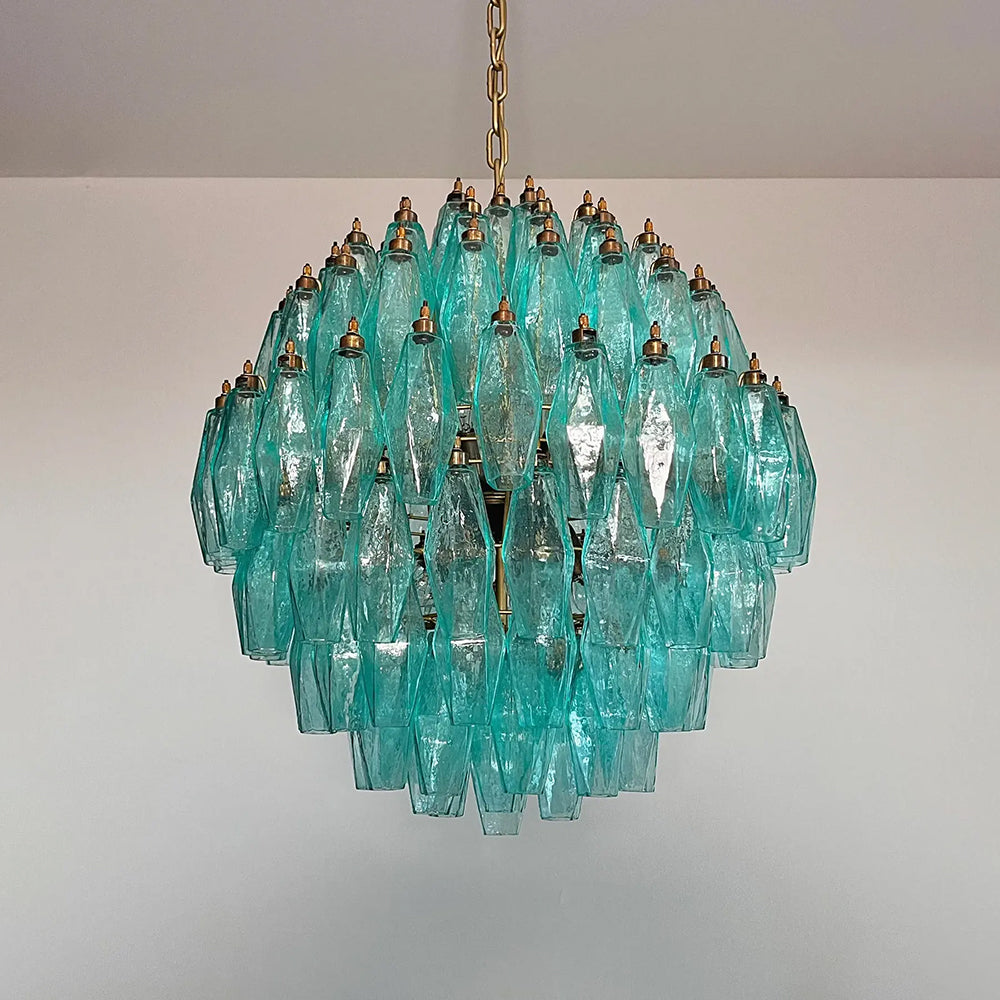 Italian turquoise glass poliedri chandelier with spherical design