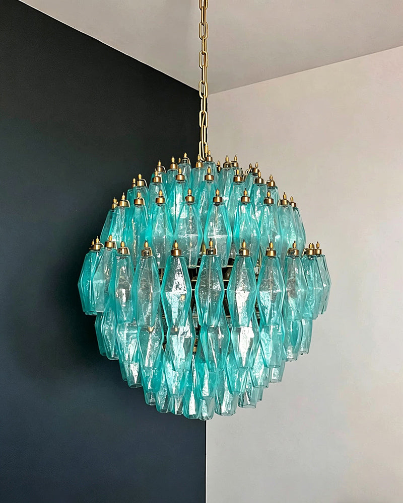 Italian turquoise glass poliedri chandelier with spherical design