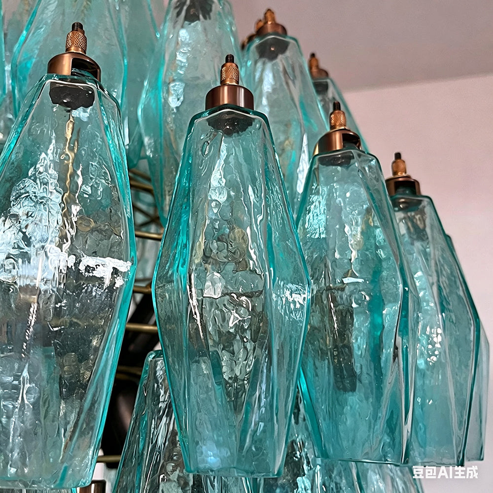 Turquoise Murano style poliedri chandelier hanging in luxury interior